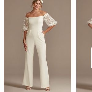 David’s Bridal off-the-shoulder floral puff sleeve jumpsuit